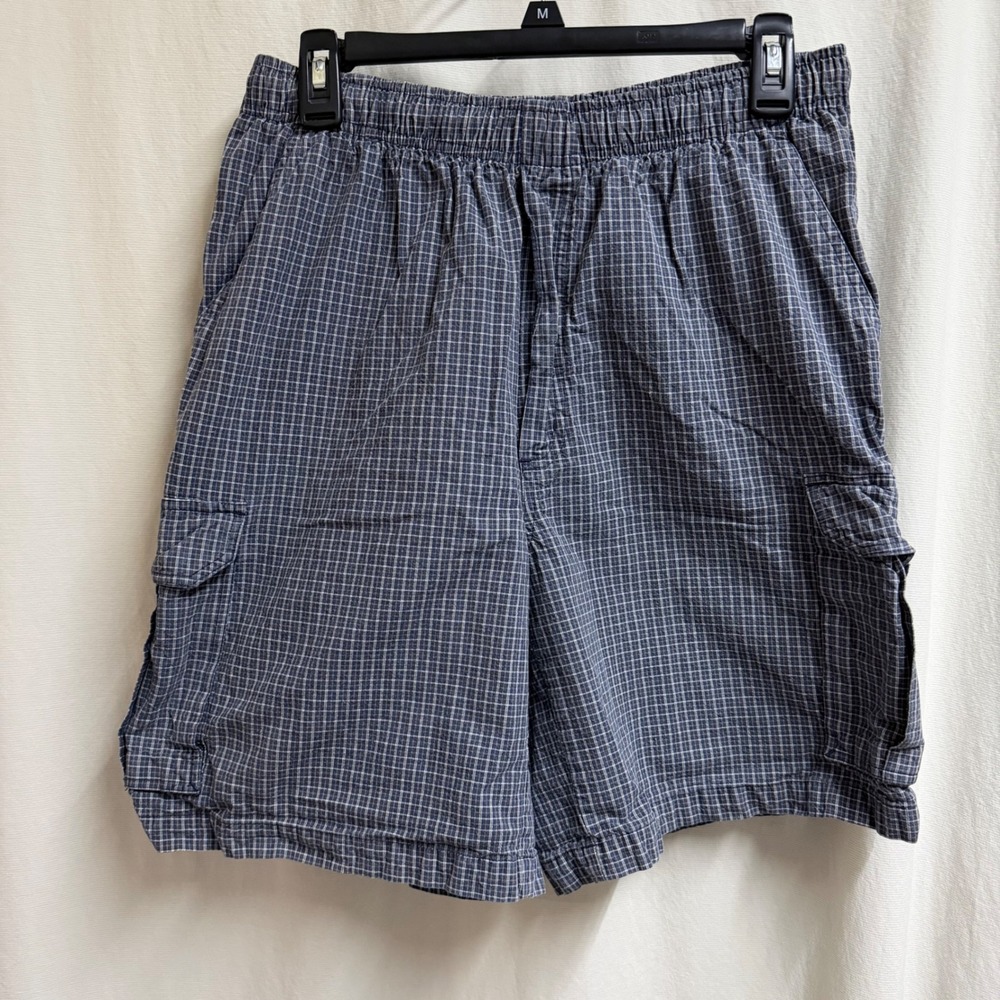 VTG Route 66 Y2K Mens Blue Plaid Cargo Shorts Elastic Waist Cotton Casual SZ Med